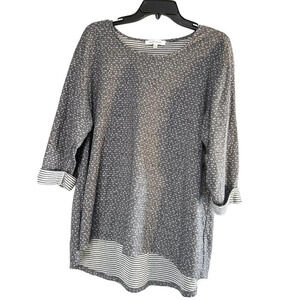 Rose +Olive Womens  Top/Blouse 3/4 Sleeves Gray/White  Printed Squares Stripes I